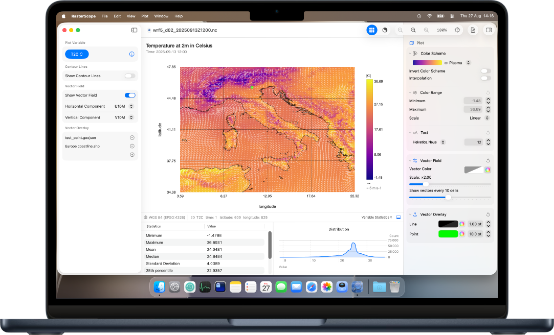 RasterScope on a MacBook showing a heatmap of 2 m temperature over Italy with wind vectors